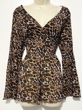 BCBGMaxazria Womens Y2K Babydoll Top XL Leopard Sheer Mesh Mobwife Festival